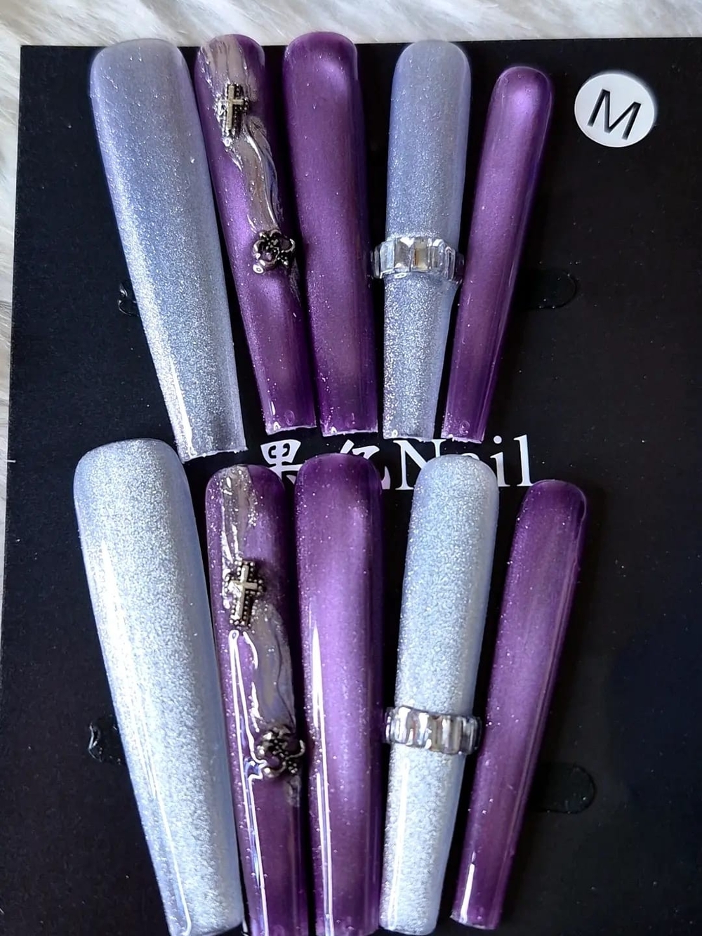 Purple and Silver Press-On Nail Set with Accent Charms